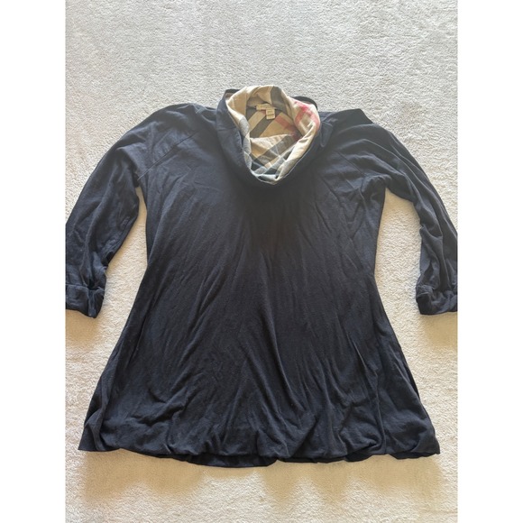 Burberry Brit Women's Large Cowl Neck Long Sleeve Tunic Top Plaid‎ Trim Black